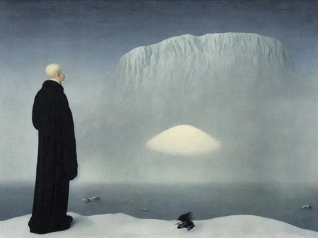 Prompt: albino mystic, with his back turned, looking at a snowstorm over the iceberg in the distance. Painting by Jan van Eyck, Audubon, Rene Magritte, Agnes Pelton, Max Ernst, Walton Ford