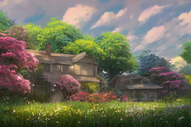 Image similar to a painting of a house in a field of flowers, a matte painting by studio ghibli, cgsociety, magical realism, matte painting, unreal engine 5