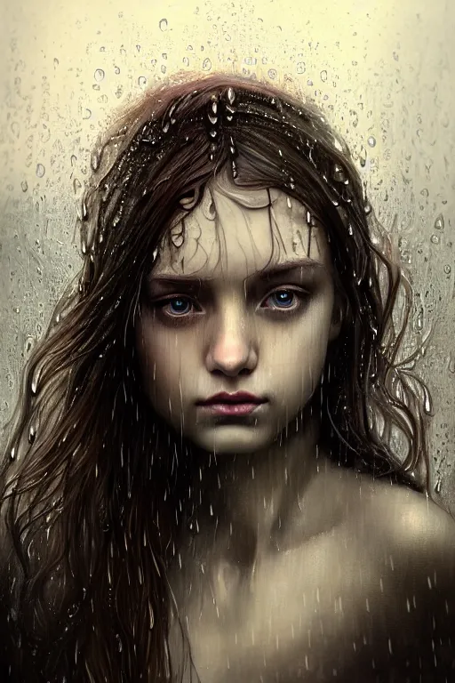 Image similar to portrait of a girl upside down in the rain with wet hair and face, fantasy, intricate, elegant, dramatic lighting, emotionally evoking symbolic metaphor, highly detailed, lifelike, photorealistic, digital painting, artstation, concept art, smooth, sharp focus, illustration, art by John Collier and Albert Aublet and Krenz Cushart and Artem Demura and Alphonse Mucha