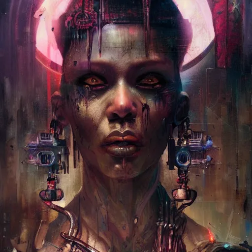 Prompt: cyberpunk voodoo by greg rutkowski and android jones, oil on canvaS, afrofuturism, death tarot