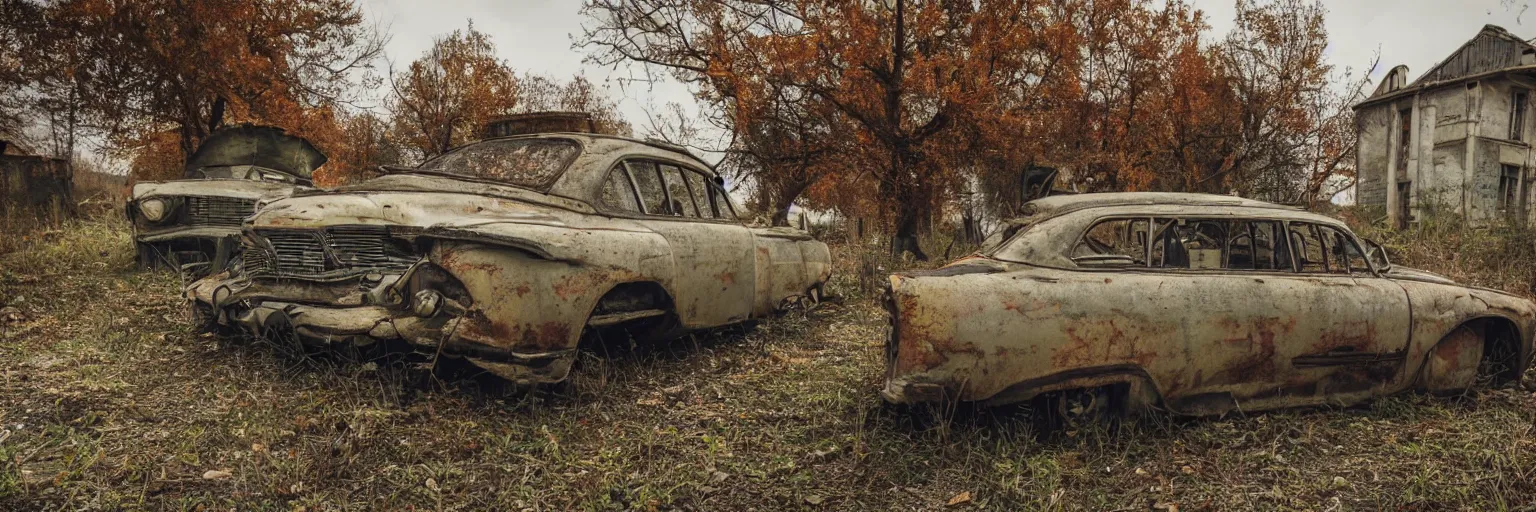 Prompt: low wide angle shot of dilapidated fallout 5 europa, retro futuristic overgrown euro rural town, decrepit road, dilapidated european houses, few rusted retro futuristic vintage parked vehicles like cars, volumetric lighting, photorealistic, daytime, autumn, cold sunny weather, sharp focus, ultra detailed, 4 2 0 0 k