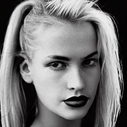 Prompt: black and white vogue closeup portrait by herb ritts of a beautiful female model, ponytail, high contrast