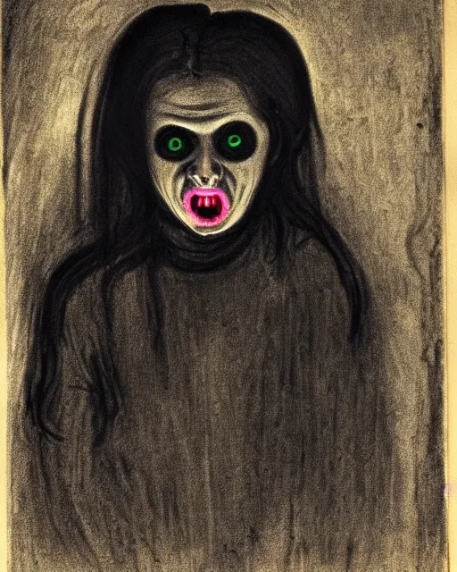 Image similar to scary portrait of a young female with glowing eyes, similar to the scream drawing by Edvard Munch