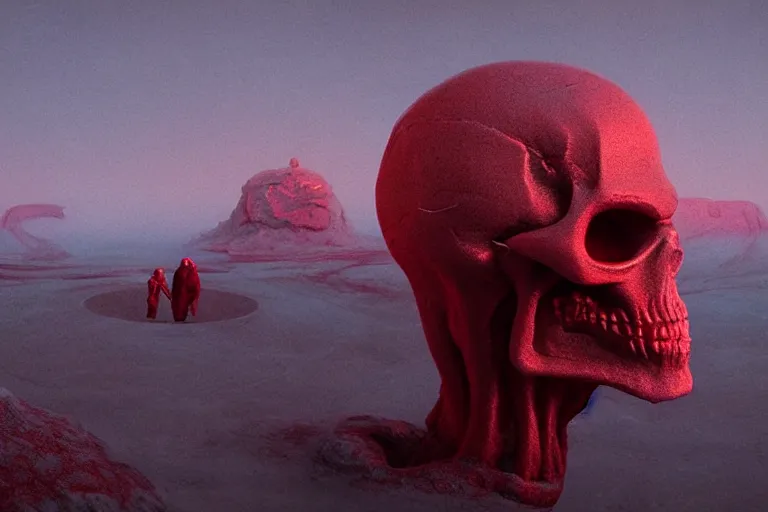 Image similar to a hovering red skull, surreal frozen landscape, 8 k, cinematic lighting, by beeple and zdzisław beksinski