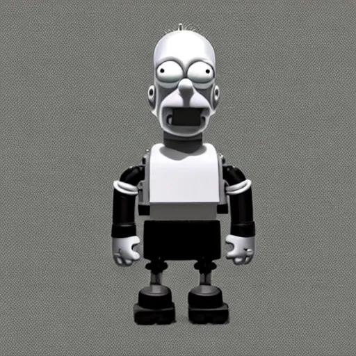 Image similar to a cyborg Homer Simpson, made of matte metal. His eyes are white with a black pupil. It is a whole head and body image