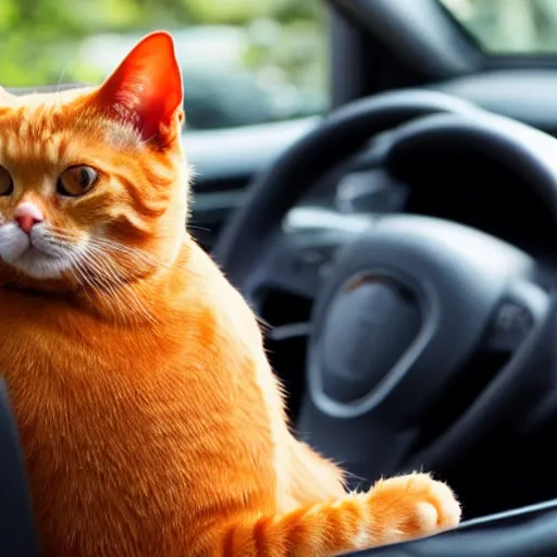 Image similar to an orange tabby cat driving a car