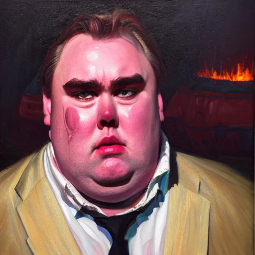 Image similar to portrait of john candy crying in the metaverse, fire and pain, oil on canvas by william sydney mount, trending on artstation