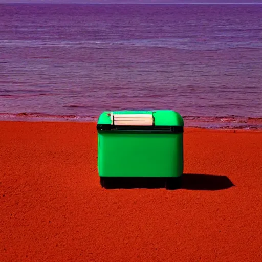 Prompt: purple refrigerator on red sand with green ocean and black sunset