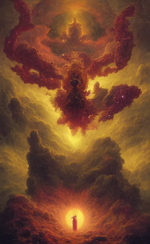 Prompt: hordes of demons and angels flying into a nebula portal in the sky, baroque architecture, detailed, vivid colors, masterpiece painting, octane render, volumetric lighting, cinematic, by gustave dore, by michelangelo, by beksinski