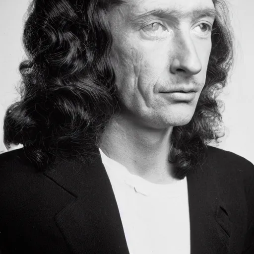 Prompt: wide-angle 45° profile portrait of a typical person with waist-length incredible hair by Richard Avedon, gelatin silver finish, nd4, 85mm, perfect location lighting