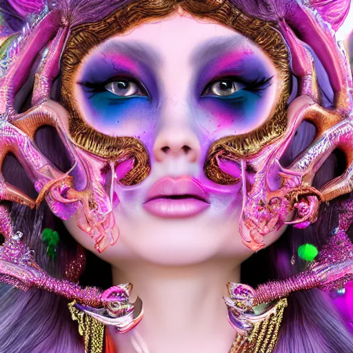 Image similar to Ethereal, mysterious stunning maximalist mesmerizing girl from the rainbow sky paradise, high-tech, professional high fashion model photo shoot for visual kei fashion, hyperdetailed by Mark Ryden and artgerm and Hiroyuki-Mitsume Takahashi, close-up 35mm macro shot, hyperrealism, 8k resolution 3D, cinematic, dynamic lighting, octane render, unreal engine 5