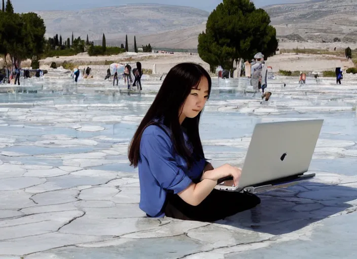 Image similar to Lee Jin-Eun hacking a laptop at Pamukkale by Vincent Di Fate, rule of thirds, seductive look, beautiful, masterpiece, Refined