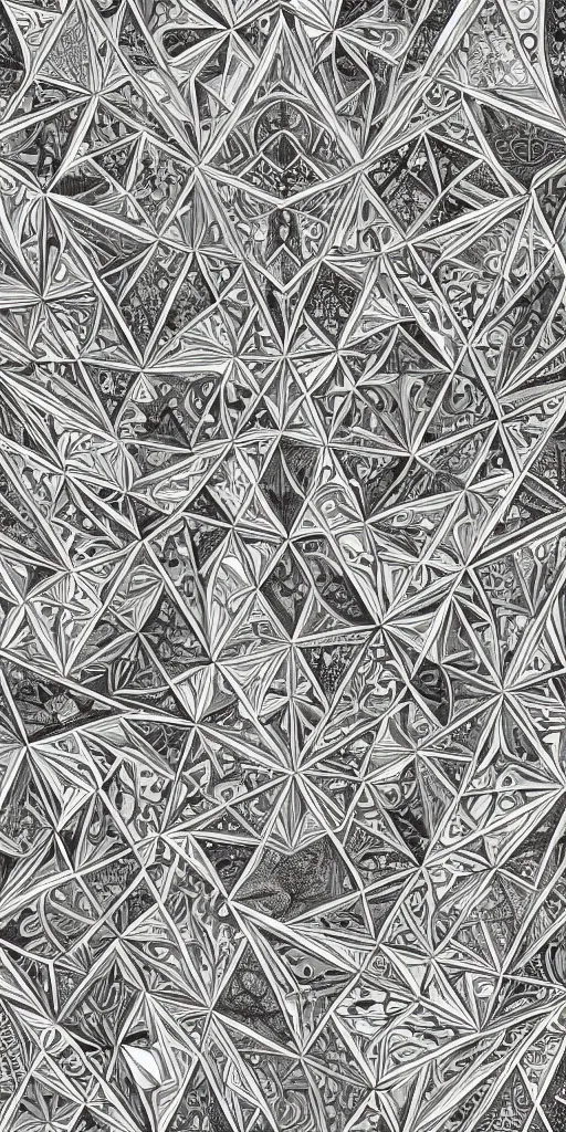 Prompt: highly detailed beautiful black and white geometric pattern, by escher, hexagon, triangle, sacred geometry, sharp angles, symmetry, sharp focus, blueprint