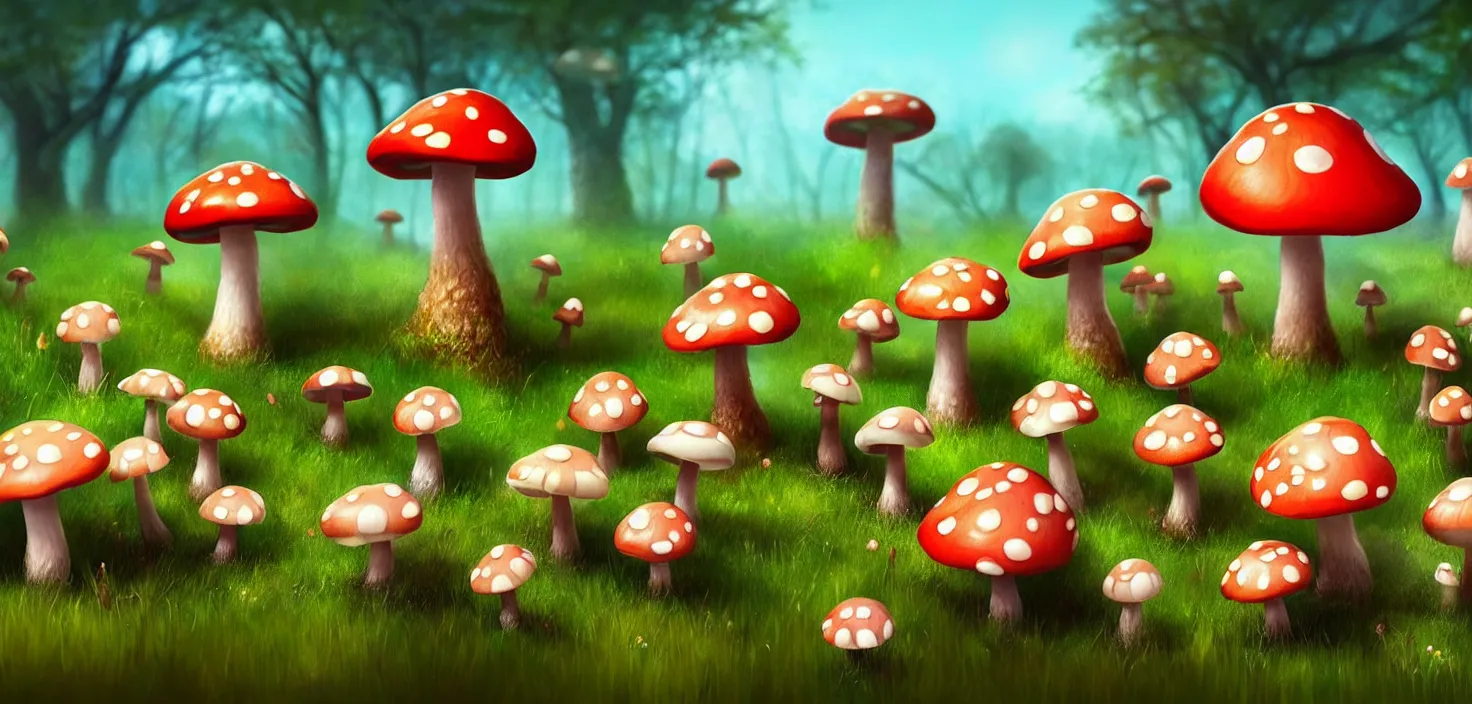 Prompt: mushroom forest, cute friendly funny mushroom with beauty eyes sitting in grass flowers, in the style of craola, shallow depth of field, highly detailed, digital painting, trending artstation, concept art, illustration, cinematic lighting, vibrant colors, photorealism, epic, octane render