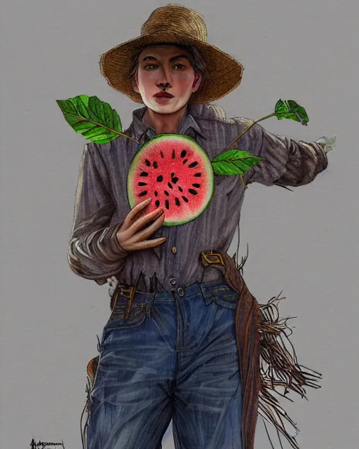 Image similar to a scarecrow using a shirt with an amazing texture, holding a watermellon, patterns on shirts, gentle, posing, watermelon farm, vaporwave, bedroom, highly detailed, digital painting, artstation, concept art, smooth, sharp focus, illustration, art by artgerm and greg rutkowski and alphonse mucha