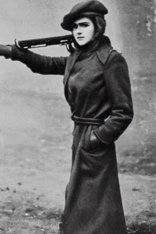 Image similar to photograph of soviet chekist comrade emma watson, standing in a long leather coat with mauser pistol, vintage revolution photograph, famous photo