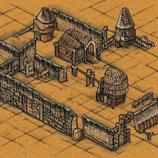 Prompt: isometric drawing of a fantasy medieval village on stained brown paper from the game Bad North