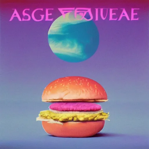 Image similar to 8 0 s new age album cover depicting a fluffy pink cloud in the shape of a hamburger, very peaceful mood