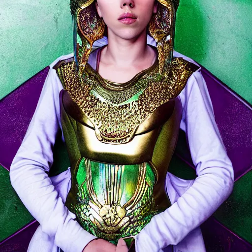 Prompt: well-lit studio portrait of 16-year old Scarlett Johansson wearing iridescent, green mother of pearl and malachite art nouveau style full body female mail armor by Steve McCurry