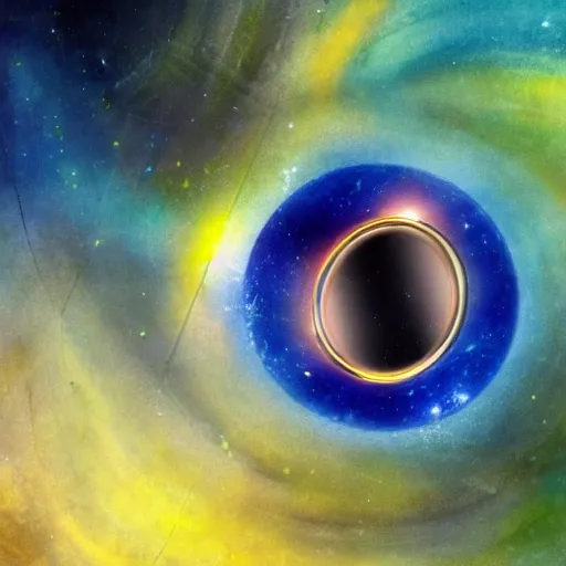 Prompt: abstract artwork of a black hole inside a golden dodecahedron, a blue and green nebula in background