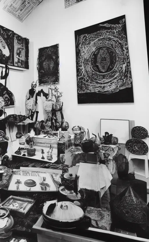 Prompt: a _ photography _ of _ an _ exhibition _ space _ with _ ethnographic _ objects _ on _ display _ 6 0 s _ offset _ lithography _ black _ white _ 8 _ k