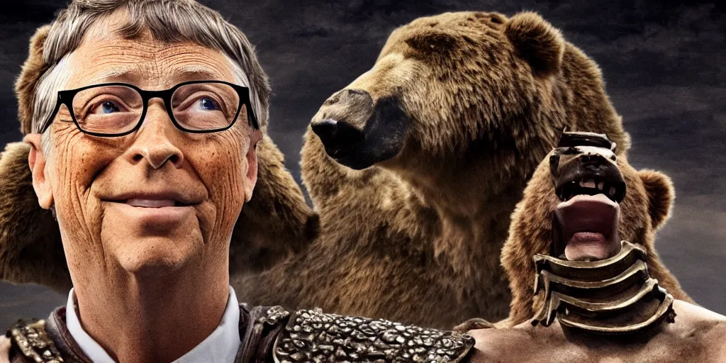 Image similar to Bill Gates dressed as a roman gladiator in front of an angry bear in the Colosseum. Film scene. Dramatic lightning. 4k.