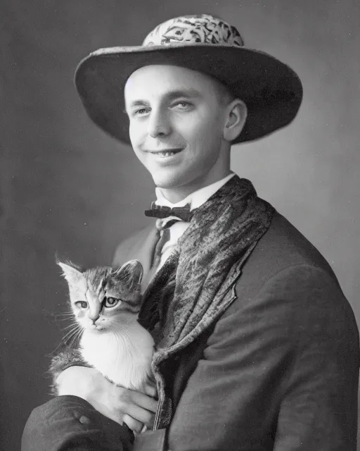 Prompt: gentlemen wearing a hat with floral print and wearing a baby sling on the back with a kitten in the sling, color studio portrait, golden ratio, backlit, happy, detailed eyes