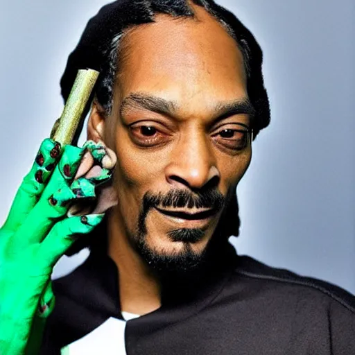 Image similar to Snoop Dog with big eyes eye color red , smiling and holding a joint in his hand