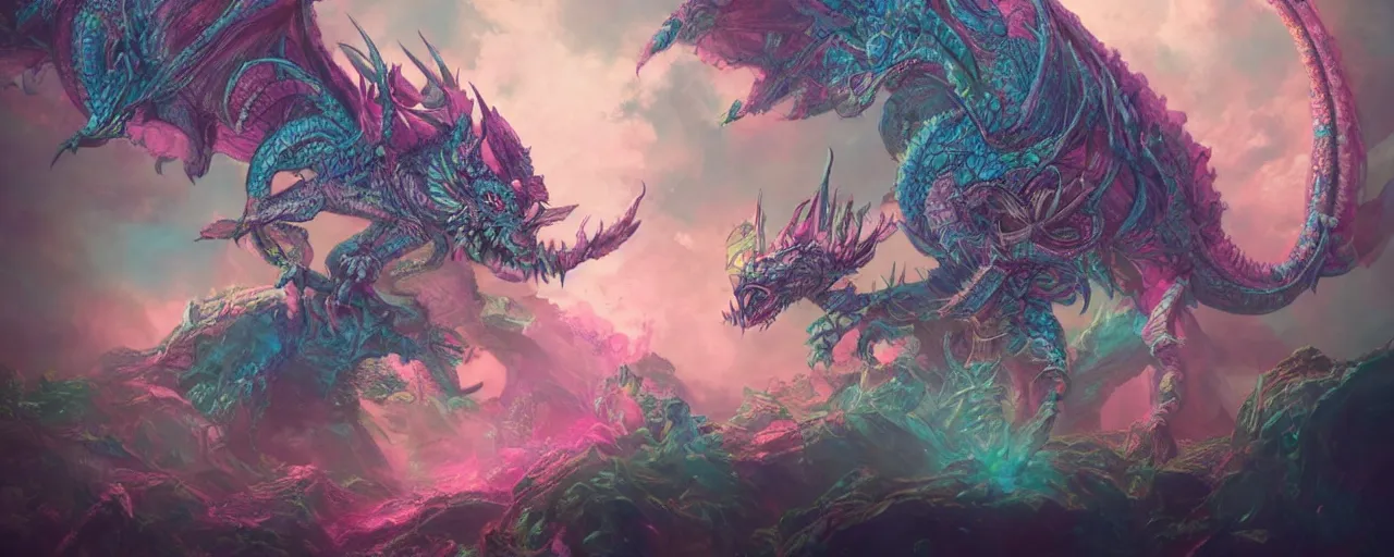 Prompt: detailed concept art illustration colorful pastel painting of a retro magical fantasy dragon in full intricate detail, ultra detailed, digital art, octane render, 4K, dystopian, micro details