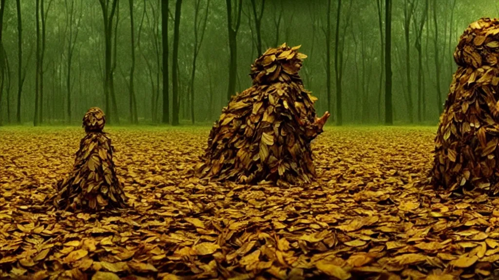 Prompt: the strange creature, made of leaves, film still from the movie directed by Denis Villeneuve with art direction by Salvador Dalí, wide lens