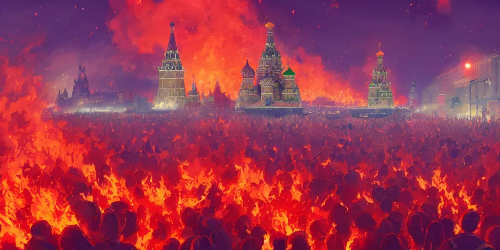 Image similar to high quality picture of burning Red Square in Moscow in flame, rich vivid colors, ambient lighting, dynamic lighting, 4k, HQ, official media, anime key visual, makoto shinkai, ilya kuvshinov, lois van baarle, rossdraws, detailed, trending on artstation