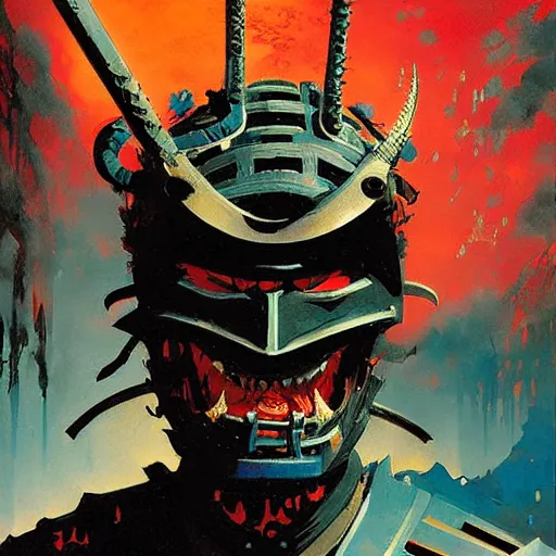 Prompt: samurai mask on hell by john berkey, mario feng, mohamed reda, victo ngai, andreas rocha, john harris