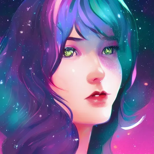 Image similar to a young woman with a starry cloak, aurora colored hair, curious expression, character art, full body art, trending on artstation, artgerm, 4k ultra hd, sharp focus, digital art by Ilya Kuvshinov and Ross Tran,