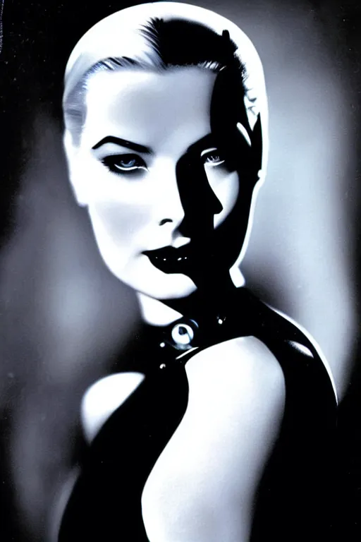 Image similar to beautiful evil cyborg grace kelly by steichen from the future. anatomically correct surreal body mods. extremely lush detail. masterpiece. melancholic scene infected by night. perfect composition and lighting. sharp focus. high contrast lush surrealistic photorealism. sultry expression on her face.