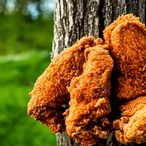 Image similar to Fried chicken nailed to a tree, high definition photography, professional