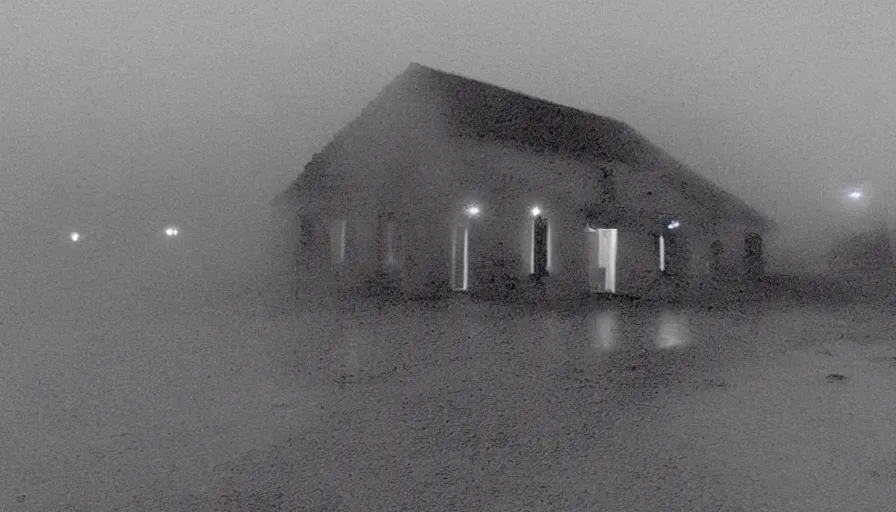 Image similar to mini dv camera found footage of a heavy burning french style little house by night, rain, foggy, in a small northern french village, heavy grain, very low quality, high detail, dramatic light