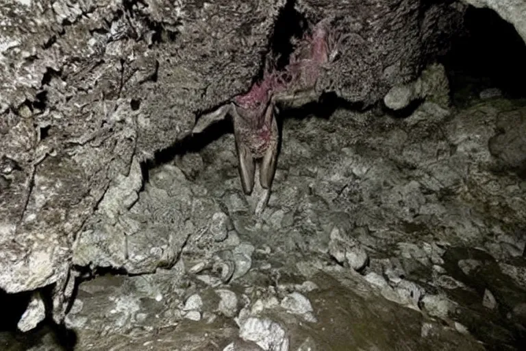 Prompt: demonic creature caught on old cave diving footage