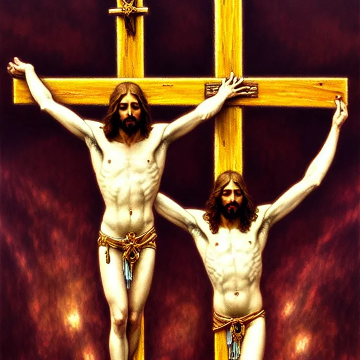 Prompt: psychedelic Jesus Christ Crucifixion, diffuse lighting, fantasy, intricate, elegant, highly detailed, lifelike, photorealistic, digital painting, artstation, illustration, concept art, smooth, sharp focus, art by John Collier and Albert Aublet and Krenz Cushart and Artem Demura and Alphonse Mucha