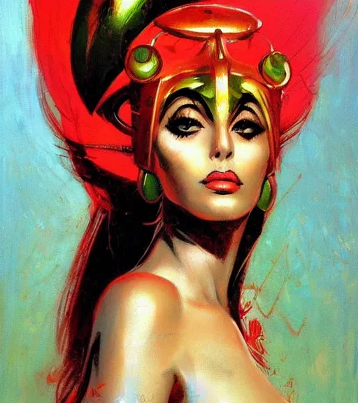 Image similar to portrait of junoesque iranian female chaos angel, beautiful! coherent! by frank frazetta, by brom, strong line, vivid neon color, shining metal power armor, iron helm, high contrast, maximalist