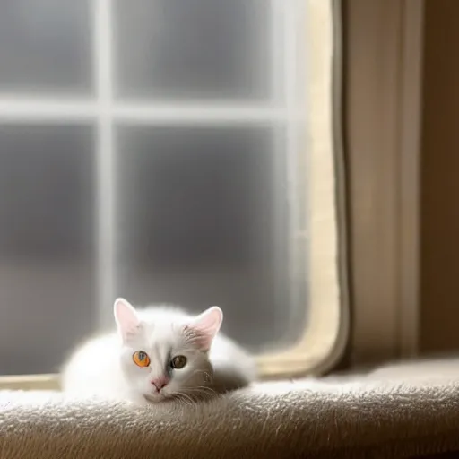 Prompt: cute little white cat in space with big eyes, hyper realistic, natural light, cozy atmospheric and cinematic lighting