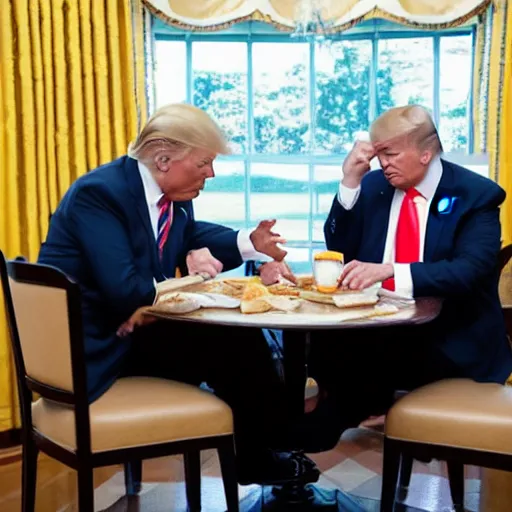 Image similar to trump and Biden sitting and eating breakfast at a Wafflehouse