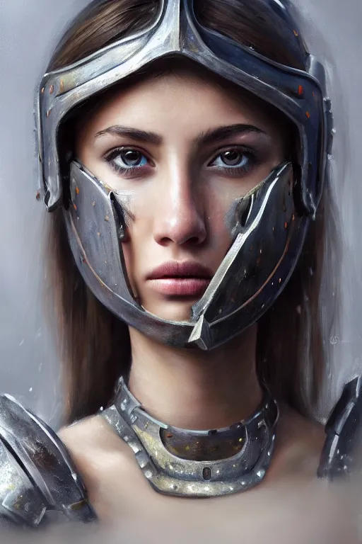 Prompt: a photo-realistically painted portrait of an attractive young girl, partially clothed in chunky battle armor, abstract background, flawless olive skin, fair complexion, long dark hair, beautiful bone structure, perfectly symmetric facial features, perfect photorealistic eyes, natural physique, intricate, elegant, digital painting, concept art, finely detailed, beautifully illustrated, sharp focus, minimal artifacts, volumetric lighting, from Metal Gear, by Ruan Jia and Mandy Jurgens and Artgerm and William-Adolphe Bouguerea, in the style of Greg Rutkowski, trending on Artstation, award winning art