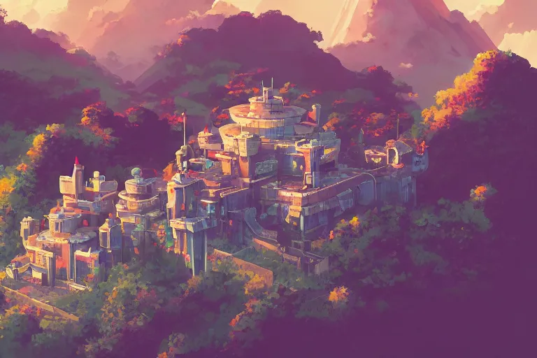 Image similar to retro - futurism anime castle on a mountain in clouds with lots of details look from above rule of thirds golden ratio, fake detail, trending pixiv fanbox, acrylic palette knife, style of makoto shinkai studio ghibli genshin impact james gilleard greg rutkowski chiho aoshima