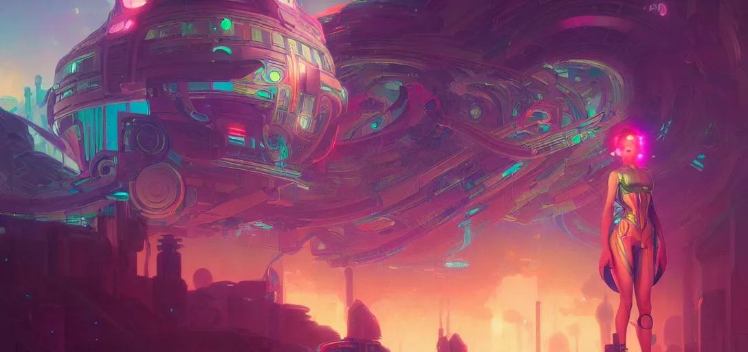 Image similar to a cybernetic temple, vaporwave aesthetic, colorful, psychedelic, digital painting, artstation, concept art, smooth, sharp focus, illustration, art by artgerm and greg rutkowski and alphonse mucha