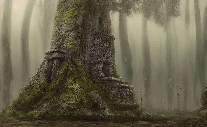 Prompt: mausoleum ruins, fir forest, rain, fog, megaliths, highly detailed, digital painting, architecture, artstation, concept art, sharp focus, illustration, artgerm, rutkoswki