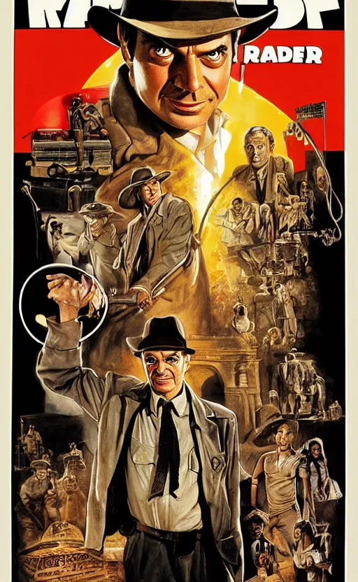 Image similar to raiders of the lost ark, featuring mr. bean, movie poster in the style of richard amsel & drew struzan