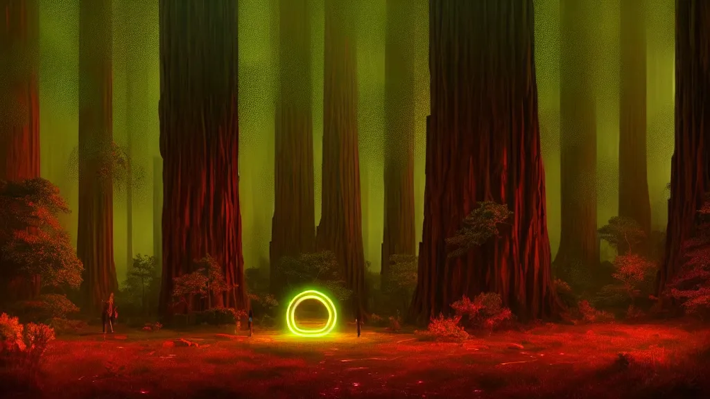 Prompt: glowing cyberpunk portal in a clearing glade in a redwood forest at night. shimmering portal. the forest redwood trees are lit by a glow. by cyril roland. dan mumford. ricardo bofill. beeple. noah bradley. digital render. digital painting. trending on artstation. concept art.