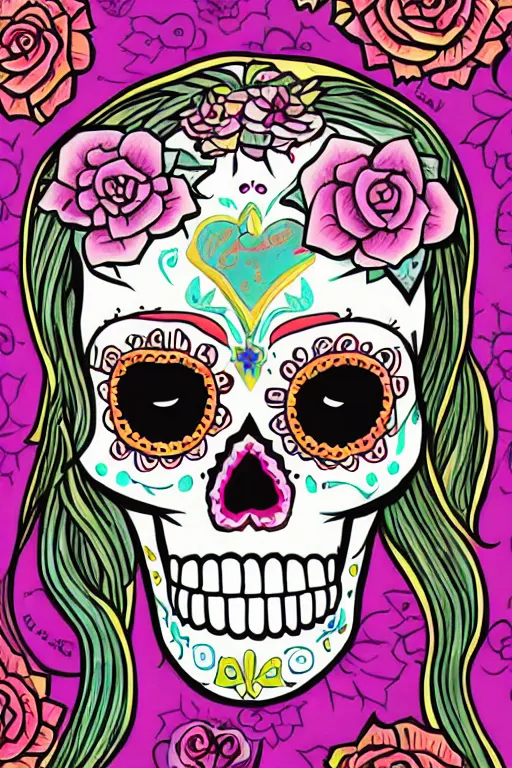 Prompt: Illustration of a sugar skull day of the dead girl, art by Jeremiah Ketner