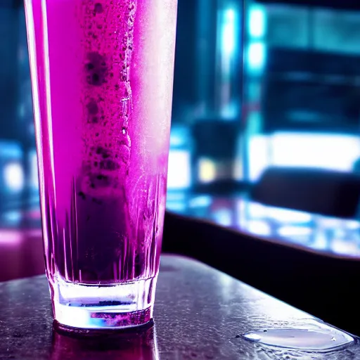 Prompt: crisp detailed photo of a tall glass of grape soda with dripping condensation, futuristic diner setting, cyberpunk atmosphere.