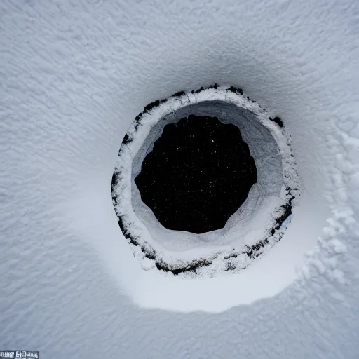 Image similar to a top down view of a hole in the snow with a wormhole that leads into another dimension, highly detailed, National Geographic Photo